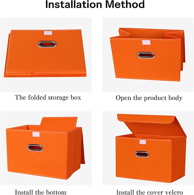 Linen Fabric Foldable Collapsible Storage Cube Bin Organizer Basket Fabric Storage Bins with Lid, Leather Handles, Removable 
