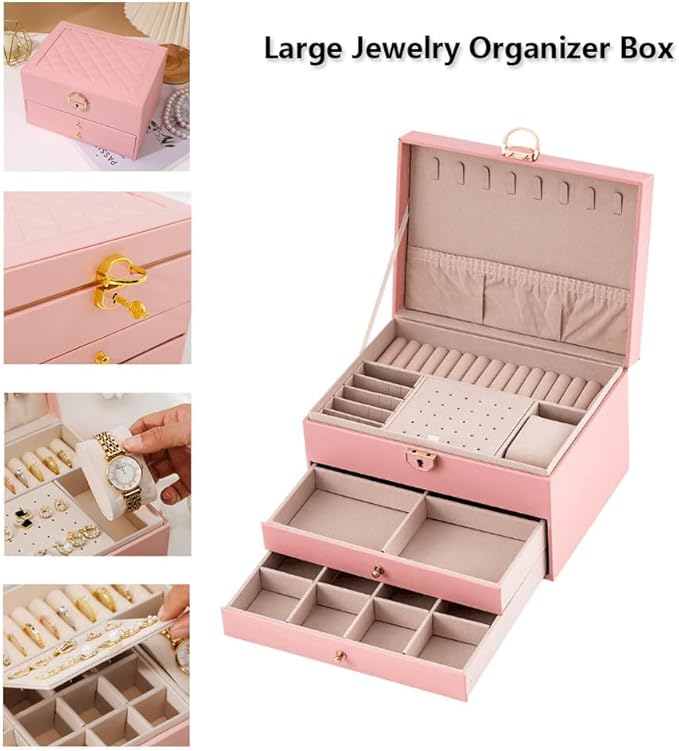 GUOER Jewelry Box for Women Girl Wife 3 Layers Large PU Leather Jewelry Organizer Storage Case with Two Layers Display for Ea