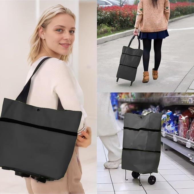 Collapsible Shopping Grocery Bag With Wheels Rolling Tote Bag With Wheels Large Reusable Shopping Bags(Black,Large)