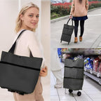 Collapsible Shopping Grocery Bag With Wheels Rolling Tote Bag With Wheels Large Reusable Shopping Bags(Black,Large)