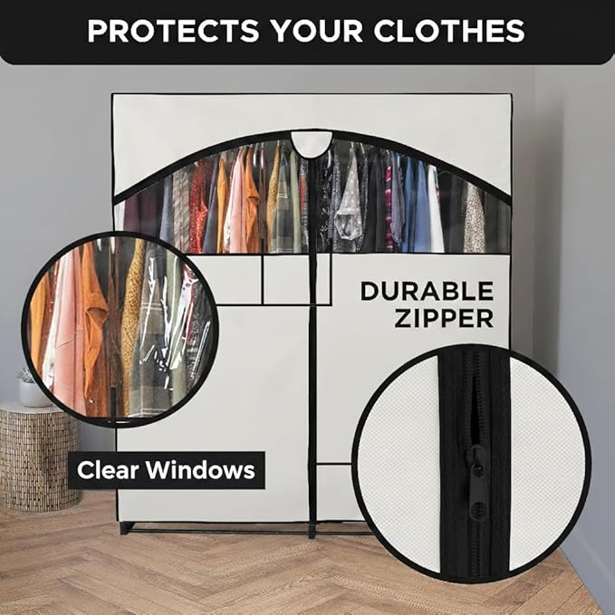 HOLDN’ STORAGE Portable Wardrobe Closet - 65 lb Large Capacity, Internal Heavy Duty Metal Rod, Zipper & Clear Window, Durable