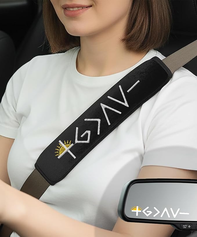2 Pack Car Seat Belt Cover Pads with 3 PCS God is Greater Than the Highs and Lows Rearview Mirror Stickers, Christian Car Accessories Set for Women and Men