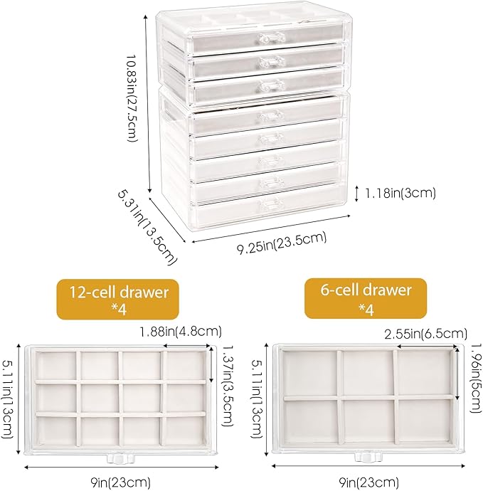 ProCase Earring Holder Organizer Jewelry Box with 8 Drawers, Acrylic Clear Earring Case with Adjustable Velvet Trays for Wome