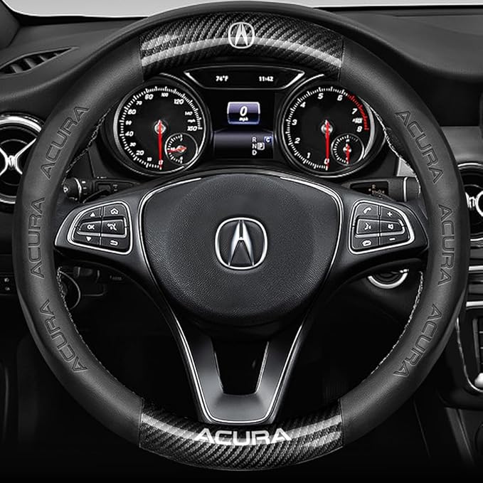 Customized Steering Wheel Cover Compatible with Acura, Premium Nappa Leather&Bright Carbon Fiber Texture Steering Wheel Cover, with Coasters and 3-in-1 USB Fast Charging Cable (Black)
