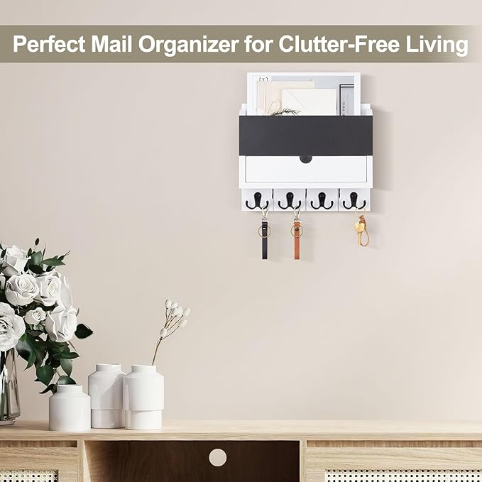 Mail and Key Holder Wall Mount with Storage Drawer – Modern Wooden Mail Organizer for Wall Entryway, 7 Key Hooks & Chalkboard