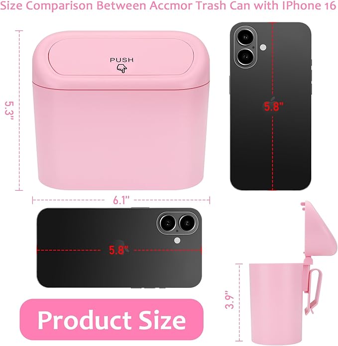Accmor Car Trash Can with Lid, 2 Pack Pink Mini Vehicle Trash Bin Dustbin Garbage Organizer Holder with Trash Bag, Small Hanging Leakproof Auto Storage Bag Container for Car SUV Home Office