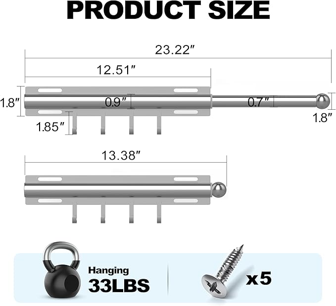 Valet Rod for Closet Retractable with 4 Hooks, 13.4"-23.2" Pull Out Clothes Hanger Rail, Heavy Duty Alloy Steel Side Mount Wa