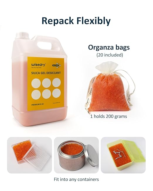 wisedry [ 8 LBS ] Reusable Silica Gel Beads Color Indicating Rechargeable Desiccant Beads Bulk with 20 Pcs Organza