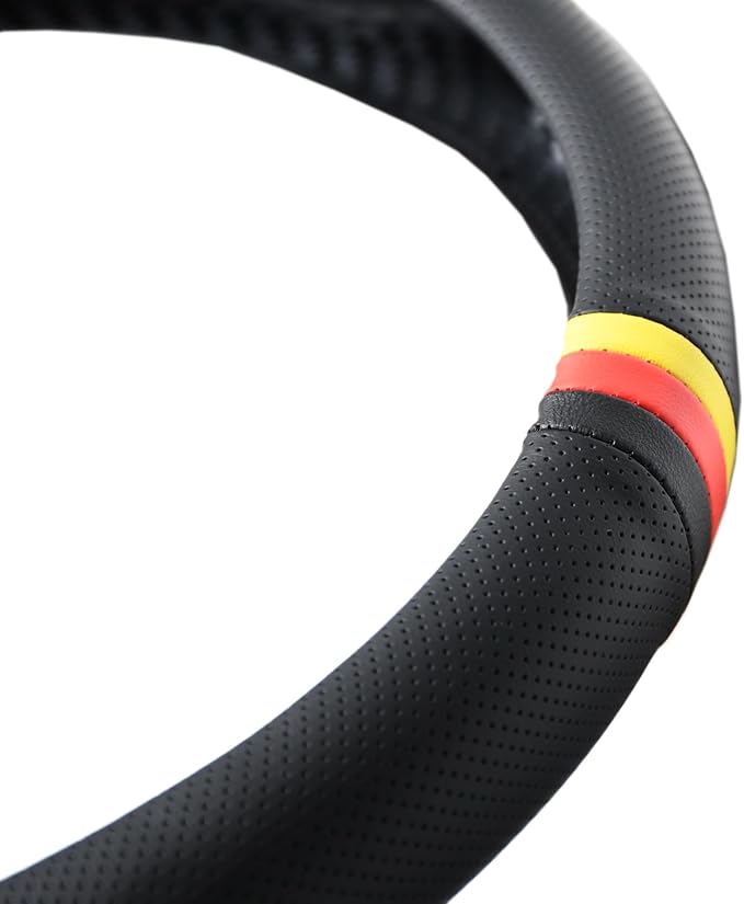 Quick Install Sporty Perforated Nappa Leather Steering Wheel Cover with German Stripes for Porsche Mercedes Audi BMW VW Deutsch-Ness 14.5 to 15 inches SW