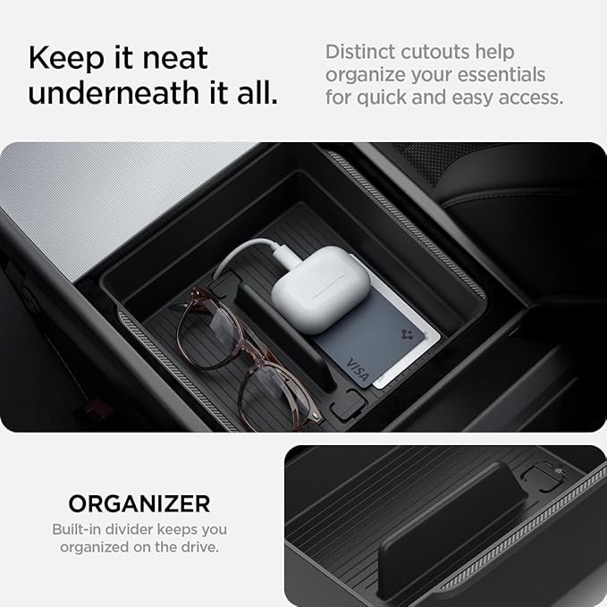 Spigen Armrest Console Organizer for Tesla Model Y Juniper (Standard, Premium & Performance 2026/2025) and Model 3 Highland (Standard, Premium & Performance 2026/25/24)