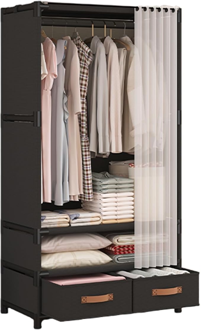 Portable Closet,Portable Closets for Hanging Clothes,Japanese Style Wardrobe Clothing Rack with 2 Drawers,1 Hanging Rods and 