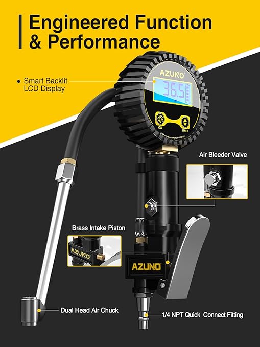 AZUNO Digital Tire Inflator with Pressure Gauge, 200 PSI, Heavy Duty Air Compressor Accessories, Comes with a Portable Carrying Box