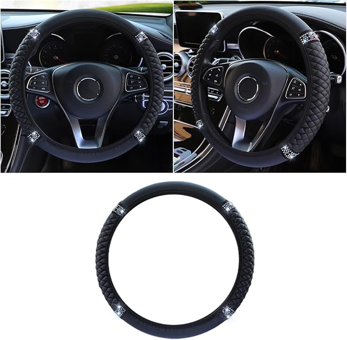 Bling Soft Leather Steering Wheel Cover, 15 Inch Colorful Rhinestones Auto Elastic Protector with Crystal Diamond for Women G