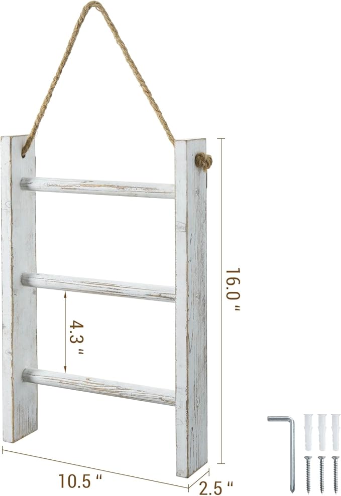 MyGift Rustic Hand Towel Holder, Whitewashed Solid Wood Farmhouse Bathroom Decor, Small Blanket Ladder for Home Decor, Wall M