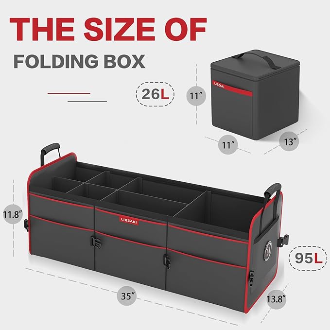 LIBZAKI Car Trunk Organizer,3 Compartments Big Trunk Storage, Large Capacity, Foldable, 95L Heavy Duty Storage Box for Car,