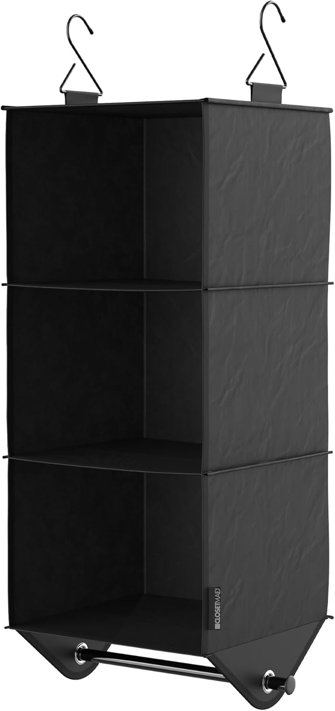 ClosetMaid 3-Shelf Fabric Hanging Closet Organizer with Garment Rod for Shirts, Sweaters, Pants, Hats, Shoes, Purses with Cha