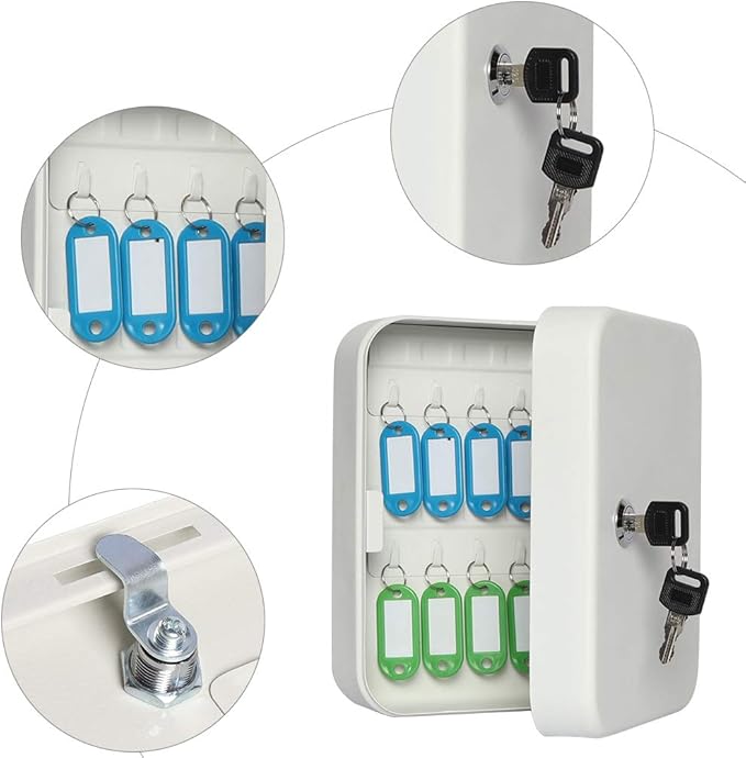 Jssmst Key Lock Box Wall Mount Security Key Storage Box, Locking Key Cabinet Wall Mount with 20 Key Hooks & Tags Key Labels, 