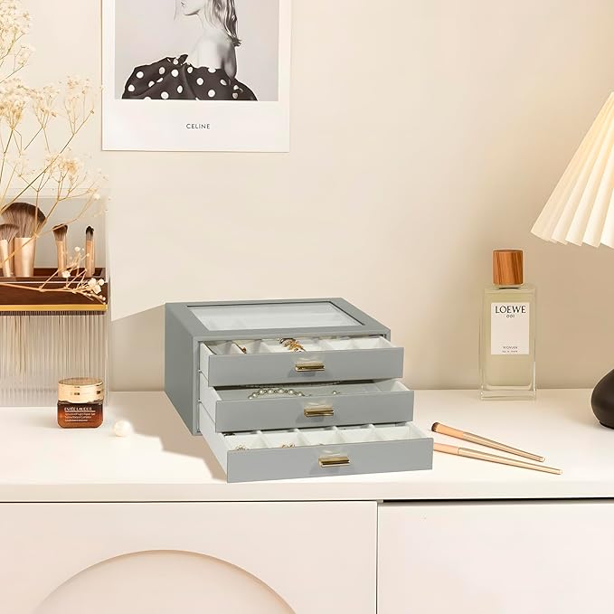Jewelry Box Organizer with 3 Drawers,Glass Lid Jewelry Boxes for Women,Jewelry Storage for Rings,Necklaces,Earrings,Bracelets