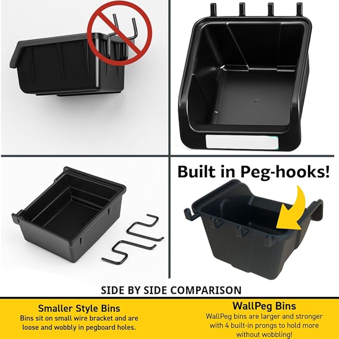 WallPeg Pegboard Bins - 6 Each 7" & 6 Each 5" ORGANIZING Bins - Hooks to Peg Board Panel Organize Hardware Arrange Accessorie