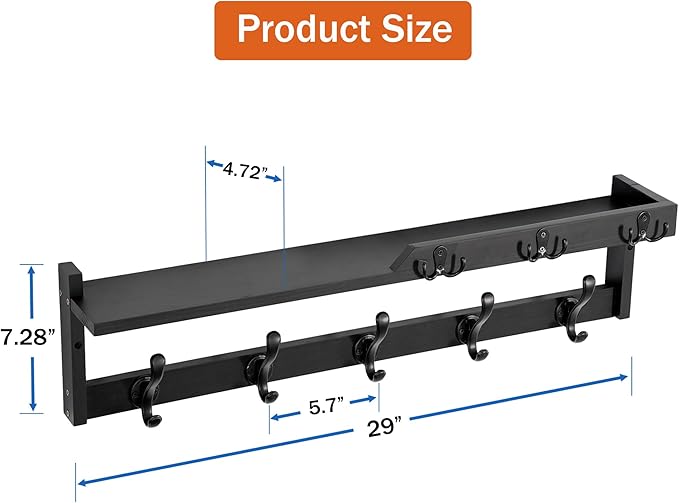 29'' Coat Rack Wall Mount with Shelf, Coat Hanger Wall Mount with Key Hooks and Mail Holder, Wood Entryway Floating Shelf wit