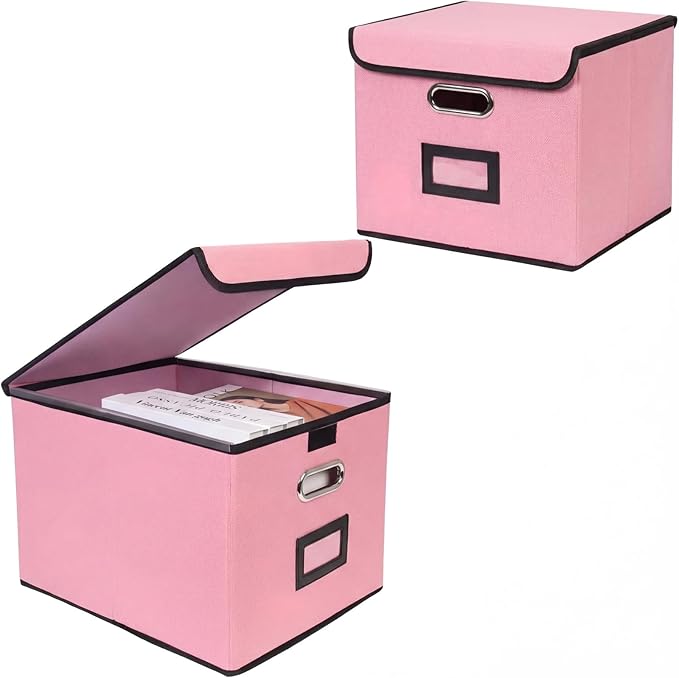 File Storage Box with Lid, 15.55x12.87x10.43 Inches, Foldable Organizer with Handles & Label Slot, for File Storage, Home, Of
