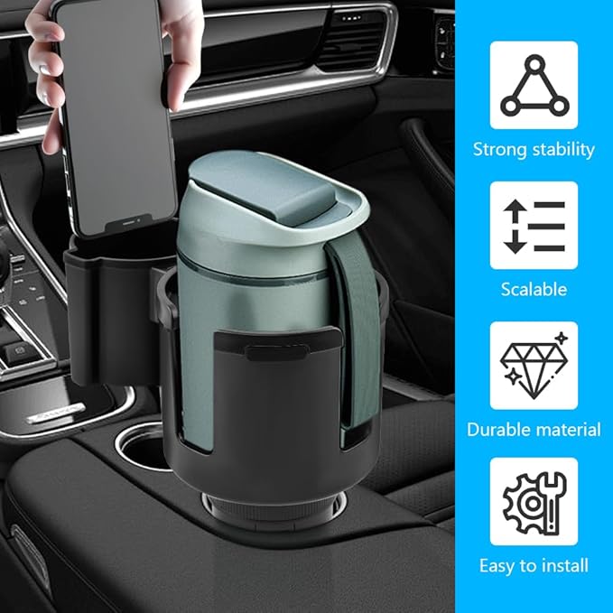 1 Pack Car Cup Holder Expander 2 in 1 Adapter with Expandable Base, Car-Seat Headrest Hook 4 Pack Hanger Storage Organizer fi