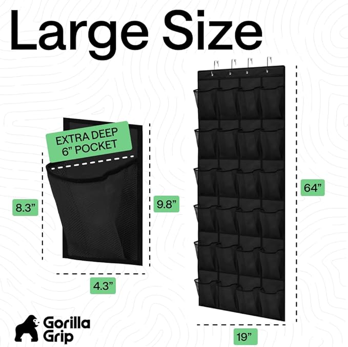 GORILLA GRIP Over the Door Shoe Organizer, 24 Extra Large Breathable Mesh Pockets, Space Saving Hanging Storage Holder, 4 Hoo