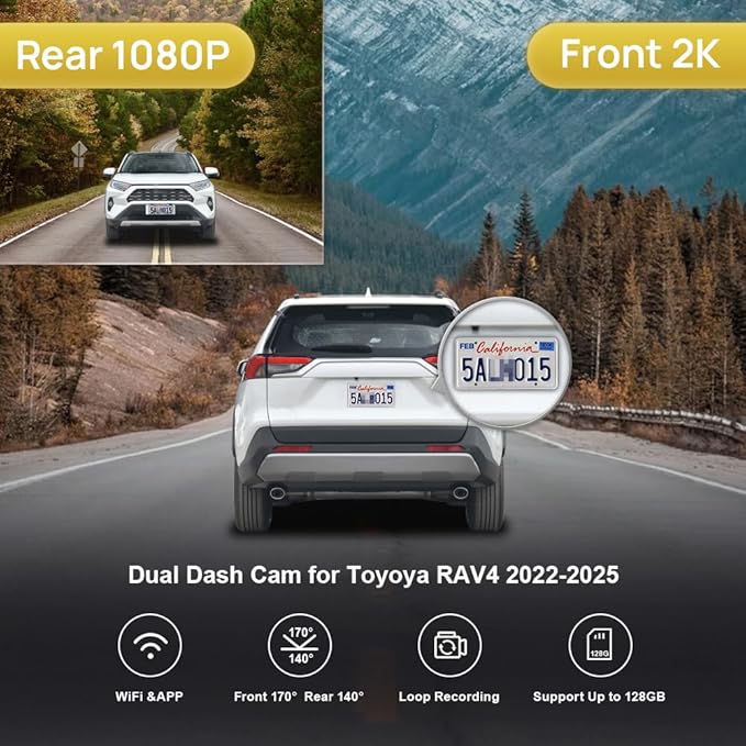 Fitcamx Front 2K+Rear 1080P Dash Cam Adapts for Toyota RAV4 2022-2025 (Model B, with Vents on Cover), OEM Style, Dual HD Vide