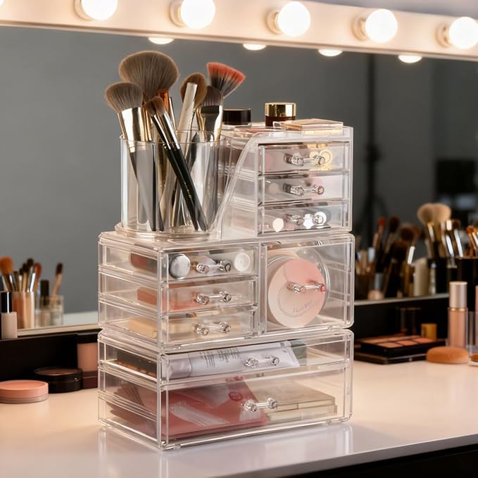 OTYMIOW 3 Tier Clear Acrylic Makeup Organizer Countertop with Brush Holder and 9 Drawers, Bathrooms, Stackable Large Makeup O