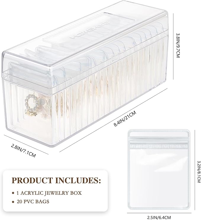 HOMEHIVE Acrylic Jewelry Box Organizer, Clear Jewelry Organizer and Storage with 20 Portable Anti Tarnish Jewelry bags, Trave