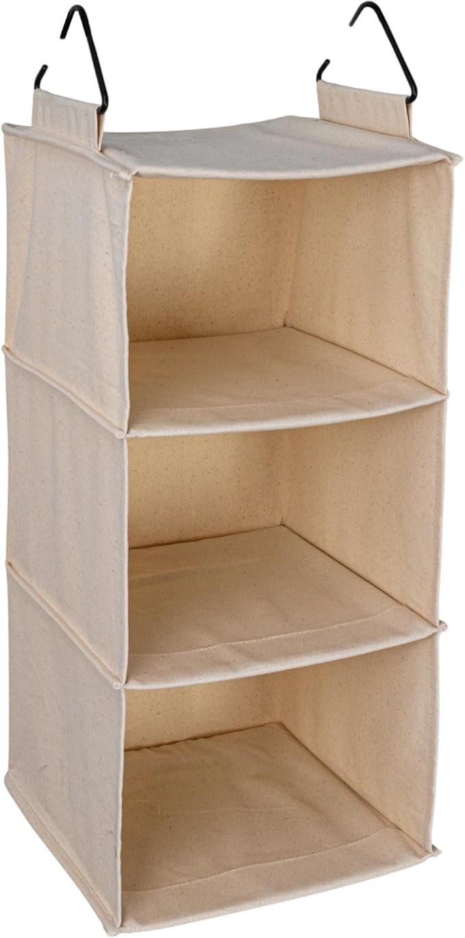 Household Essentials Cedarline 3-Shelf Hanging Closet Organizer, Heavy-Duty Cotton Canvas, Natural