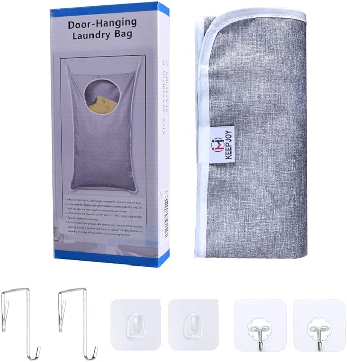 KEEPJOY Hanging Laundry Hamper Bag with 2 Different Types of Hooks, Size 20 x 30 Inch Door Laundry Hamper Storage Bag for Dir