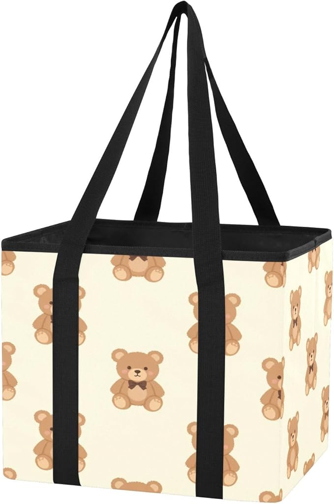 Cute Teddy Bear Reusable Grocery Bags Large Shopping Tote Bag with Reinforced Bottom Board, Water Resistant Foldable Storage 