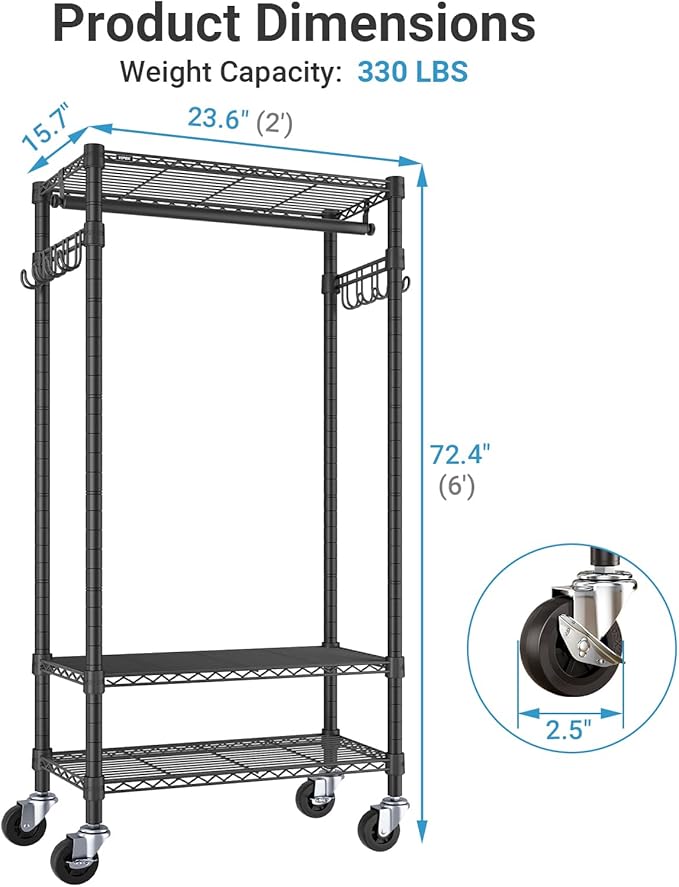 VIPEK R3 Medium Rolling Clothes Racks with Lockable Wheels, Heavy Duty Garment Rack with Adjustable Shelves & Hanging Rod & S