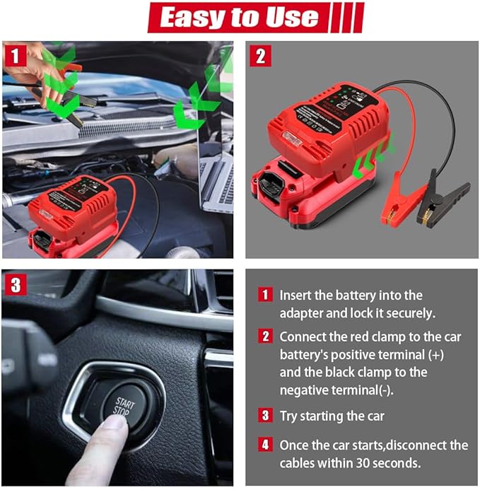 Jump Starter Adapter for Craftsman 20V V20 Li-ion Battery Powered with Jumper Cable Clamps Portable Car Charger Jump Starter(Battery Not Included)