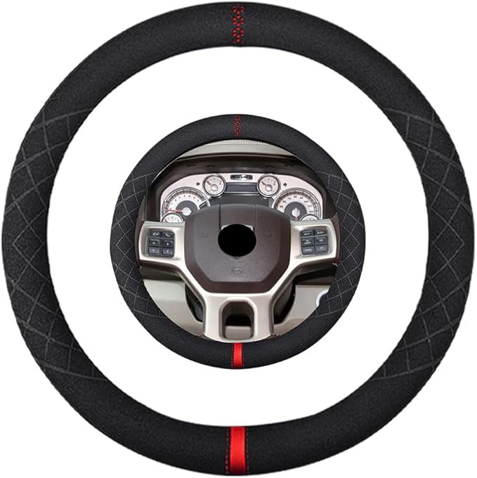 Suede Steering Wheel Cover,Compatible with Dodge Challenger Caravan Ram 1500 Suede Leather Sport Non-Slip Wheel Cover Car Interior Accessories 15 inch for Man and Women