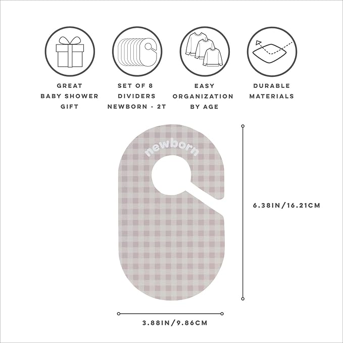 3 Sprouts Baby Closet Dividers 8-Piece Set Newborn to 2T - Double-Sided Organizer for Nursery Clothing Storage - Gingham