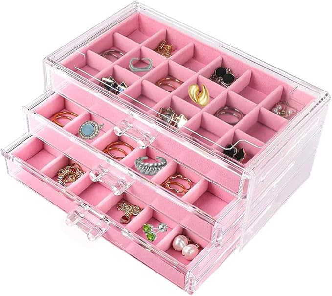 YUFONG Earring Organizer Box Acrylic Jewelry Organizer with 3 Drawers 54 Adjustable Grids Clear Stackable Earring Holder Velv
