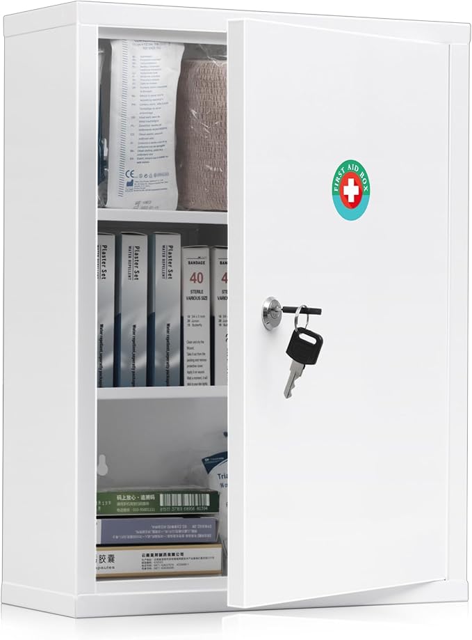 KYODOLED Wall Mount Locking Medicine Cabinet, Large Capacity First Aid Cabinet for Bathroom, Medicine Cabinet with Key, Secur