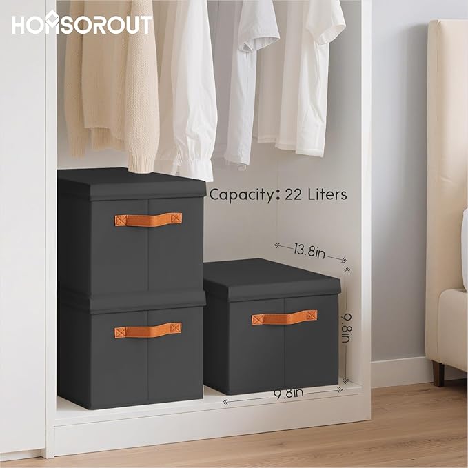 Homsorout Storage Bins with Lids - Fabric Storage Baskets for Shelves, 6 Pack Foldable Decorative Boxes with Handles, Stackab