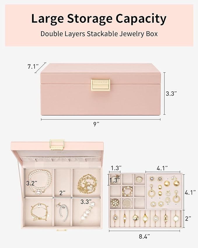 Vlando 2 Layer Jewelry Box Large Jewelry Organizer for Women Removable Jewelery Tray for Necklace Earrings Rings Bracelets Je