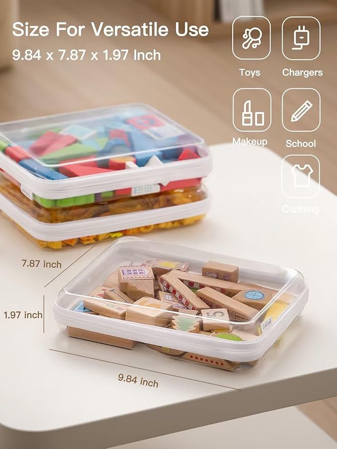 CoiiJoii Zippered Pouch Hard, Clear Zippered Hard Pouch, Stackable Storage Bins, Portable Clear Bin Zipper (White, Large-6pcs