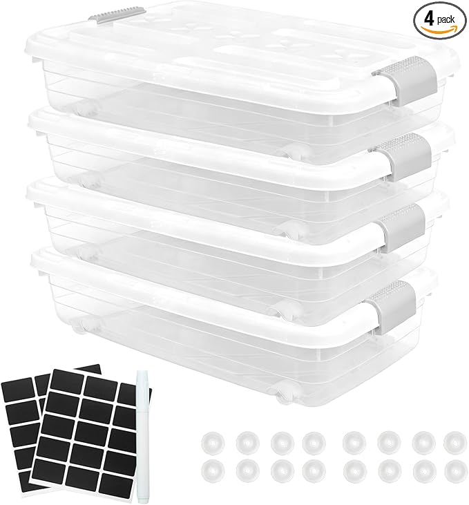 4 Pcs Plastic Under Bed Storage Containers with Handles and Lid Wheels, 23.7 x 15.8 x 4.8 Inch White clear Stackable Latching