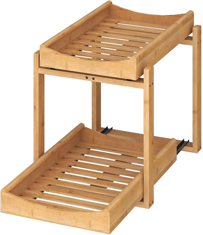 Bamboo Under Sink Organizer and Storage, 1 Pack Pull Out Cabinet Organization, 2 Tier Vertical Slide Out Undersink Storage Sh
