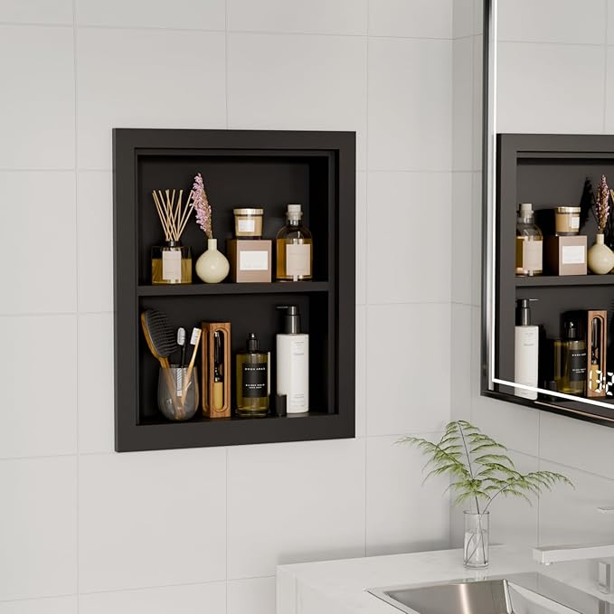 Solid Wood 14 X 18 Recessed Medicine Cabinet,2-Tier, Medicine Cabinet Organizer,Wall Niche, Bathroom Wall Cabinet Black