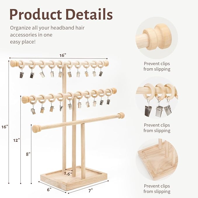 POVETIRE Headband Holder Stand Storage for Baby, 3 Tier Wooden Bow Organizer for Girls Hair Bows, Infant Hair Accessories Rac