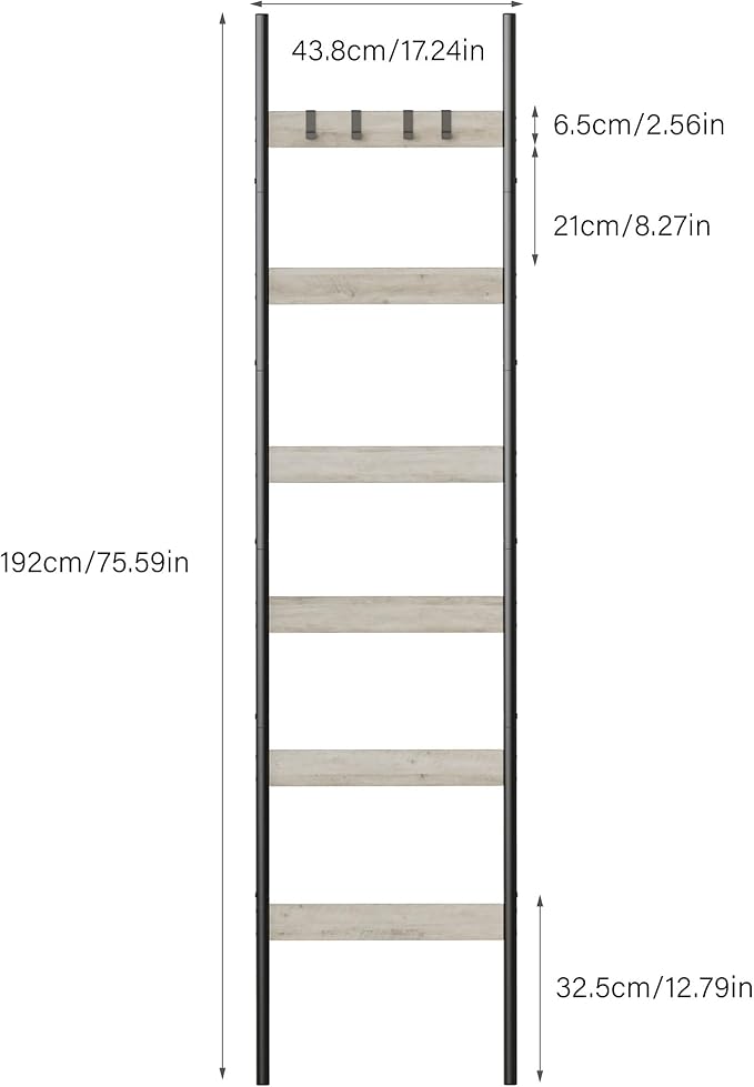 Blanket Ladder, 6-Tier Towel Holder with 4 Removable Hooks, Farmhouse Wall Leaning Decorative Rack Shelf, Wooden Towel Displa