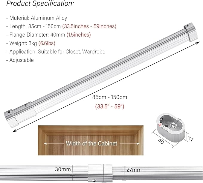 Closet Wardrobe Extender Rail Clothes Hanging Pole 16-25 Inches/ 23-39 "/ 33-59 in, Wall Mounted Tension Bar Support with Cap