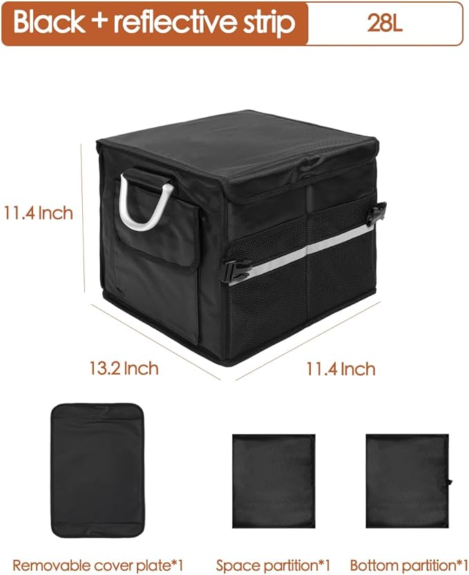 Small Trunk Organizer With Lid, For SUV Car Truck, Black 28L, Foldable Waterproof Oxford Fabric, 2-Compartments With Aluminiu