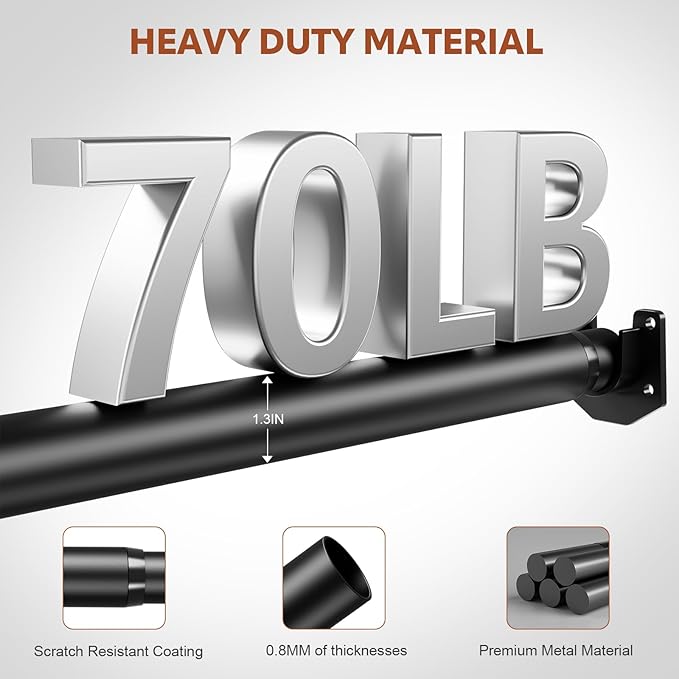 Closet Rods for Hanging Clothes, 17-70 Inch Stepless Adjustable Closet Rod, 1.3 Inch Heavy Duty Metal Clothes Hanging Rod, Ex